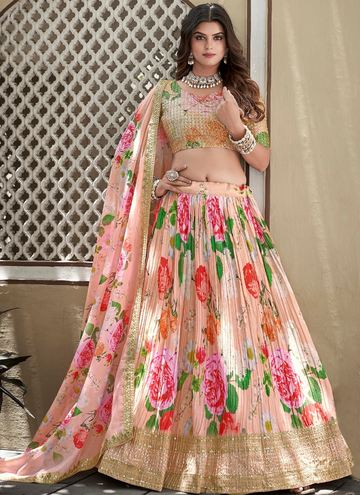 Crushed Chinon Digital Printed Sequence Work Peach Lehenga